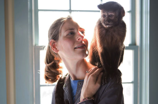 Big love, lLittle helpers - monkey sitting on trainer's shoulder